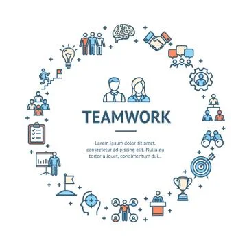Teamwork Signs Round Design Template Thin Line Icon Concept. Vector 스톡 일러스트