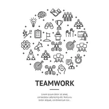 Teamwork Signs Round Design Template Thin Line Icon Concept. Vector Stock Illustration