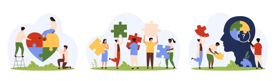 Teamwork on solution, building cooperation by tiny people holding puzzle pieces Stock Illustration
