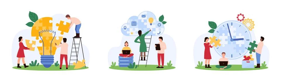 Teamwork to solve problem, tiny people connect puzzle pieces to cloud, clock and 스톡 일러스트