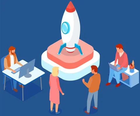 Teamwork with space project and technologies. Rocket as symbol of startup launch Illustrazione stock