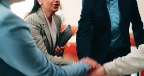 Teamwork, stack and hands of business people in office for motivation, company Stock Footage 336298110