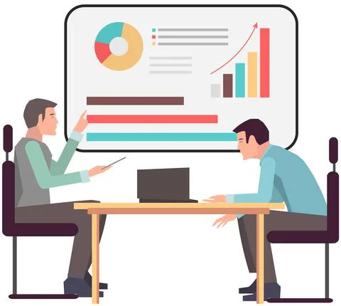 Teamwork with statistics analysis. Colleagues discussing work with business data Illustrazione stock