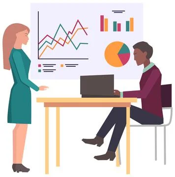 Teamwork with statistics analysis, discussion data report. Businessteam Illustrazione stock