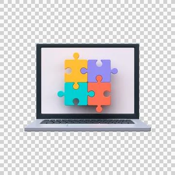 Teamwork, strategy and brainstorming concept. Puzzle icon on laptop screen in Stock Illustration