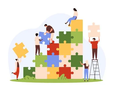 Teamwork strategy, partnership, tiny people connect and match puzzle pieces, fit Stock Illustration