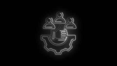 Teamwork success approval icon with gear mechanism and thumbs up glowing neon Stock Footage 333962131