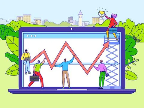 Teamwork success strategy line vector illustration. Business company workers man 스톡 일러스트