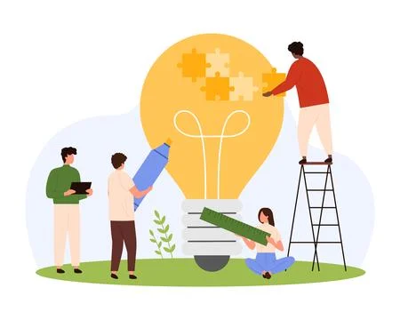Teamwork, support in business solution, tiny people pushing puzzle pieces into Stock Illustration