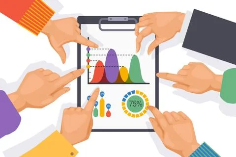 Teamwork table elements, employee hand on graph vector illustration. Company 库存插图