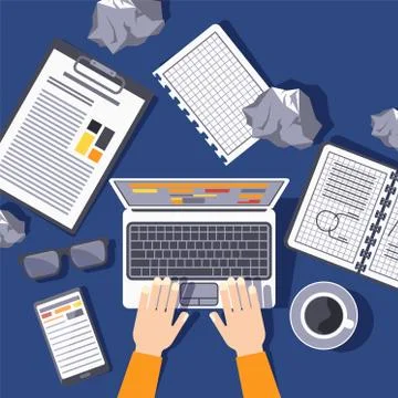 Teamwork table elements, work at laptop vector illustration. Creative atmosphere Illustrazione stock