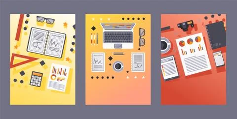Teamwork table set elements, laptop and note vector illustration. Evenly spaced 库存插图