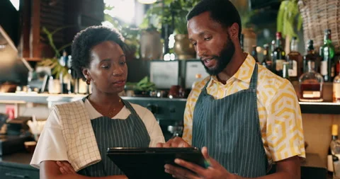 Teamwork, tablet and barman with black people at restaurant for wine inventory Stock Footage 301250517