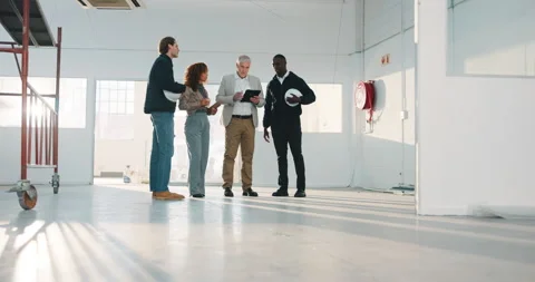 Teamwork, tablet and construction workers on site for planning remodeling Stock Footage 341460741