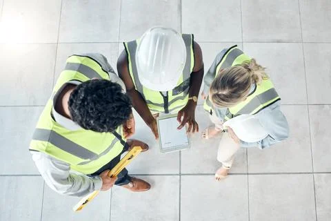 Teamwork, tablet or engineer construction workers working, collaboration on 写真素材