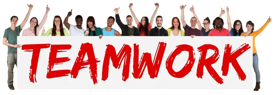 Teamwork team group of young multi ethnic people holding banner Stock-Fotos