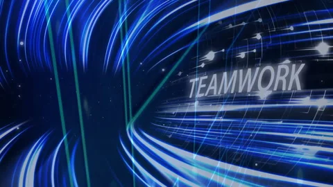 Teamwork text animation over blue and white swirling lines and digital elements Stock Footage 304256742