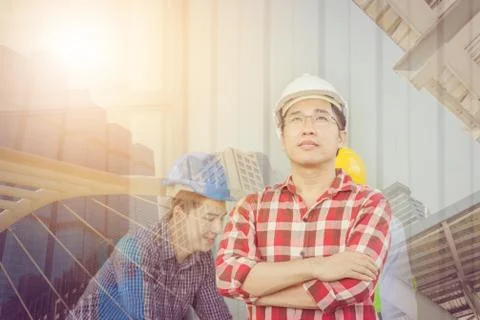 Teamwork think big concept, Double exposure of business engineer team Fotos Stock