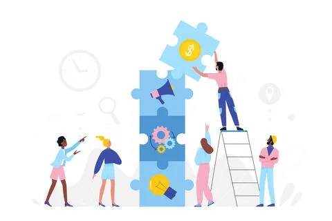 Teamwork of tiny people on business project development, partners move pieces of イラスト素材