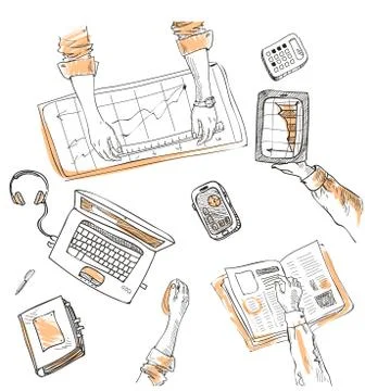 Teamwork, top view people hands sketch hand drawn doodle office workplace with Illustrazione stock