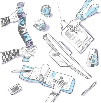 Teamwork, top view people hands sketch hand drawn doodle office workplace with Stock Illustration