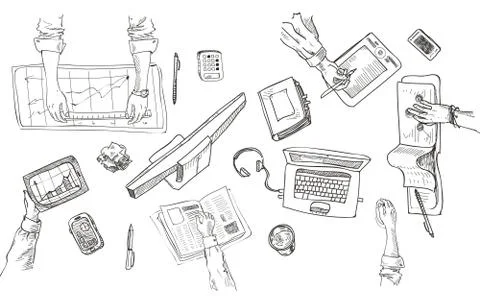 Teamwork, top view people hands sketch hand drawn doodle office workplace with Illustrazione stock