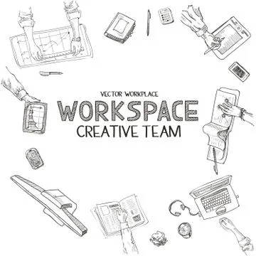 Teamwork, top view people hands sketch hand drawn doodle office workplace with Stock Illustration