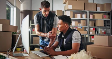 Teamwork, training and people on computer in warehouse for distribution stock Stock Footage 303952693