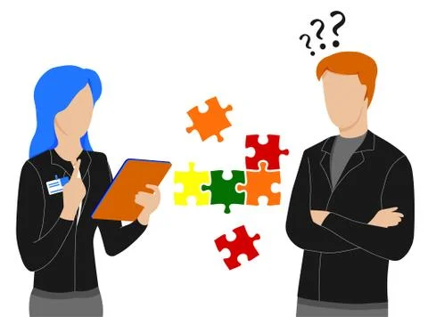 Teamwork. Two people solve puzzle, put jigsaw pieces together. Solving common イラスト素材