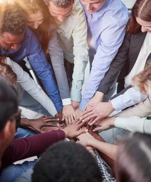 Teamwork, unity concept, group of friends put their hands together with copy Stock Photos