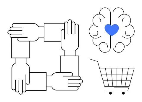 Teamwork Unity Connection Empathy Brain With Heart Shopping Cart Line Art Illustrazione stock