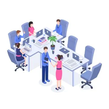 Teamwork vector color isometric illustration. Office workers, boss and employees Stock Illustration