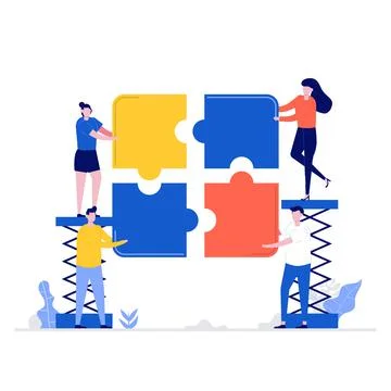 Teamwork vector illustration concept with characters and puzzle. Modern vecto Stock Illustration