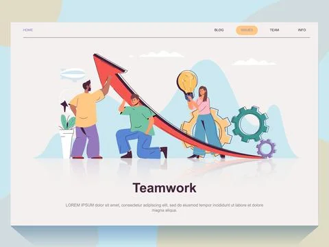 Teamwork web concept for landing page in flat design. Man and woman working.. Stock Illustration