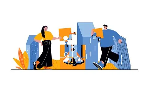 Teamwork web concept with people in flat cartoon design. Woman and man collec Stock Illustration