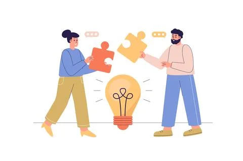 Teamwork web concept with people scene. Man and woman working together, hol.. Stock Illustration
