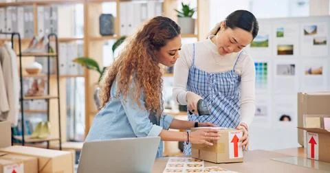 Teamwork, women and barcode reader on box for shipping, stock check and Stock Photos