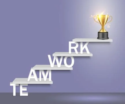 Teamwork word ladder with trophy cup vector realistic illustration Stock Illustration