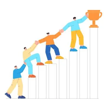 Teamwork working together achieve trophy help other climb step stair bar grap Stock Illustration