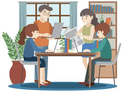 Teamwork working using laptop flat design Stock Illustration