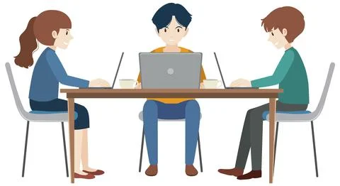 Teamwork working using laptop flat design Illustrazione stock