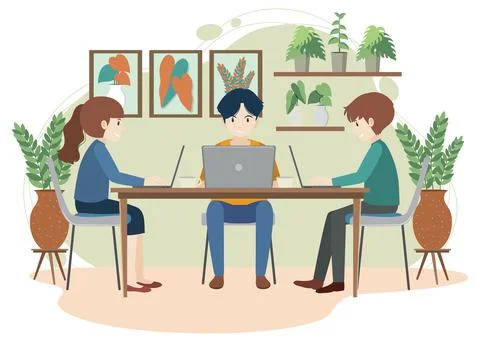 Teamwork working using laptop flat design at office Stock Illustration
