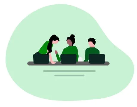 Teamwork working using laptop flat design Stock Illustration