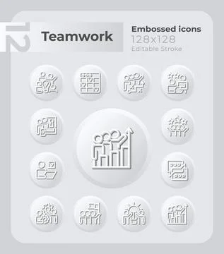 Teamwork in workplace embossed icons set Stock Illustration