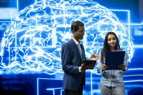 Teamworking AI startup colleagues looking at clipboard notes and tablet Stock Photos
