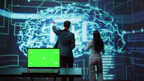 Teamworking AI technicians using green screen laptop for business data analysis Stock Footage 278623817