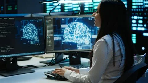 Teamworking colleagues inspect data center used for machine learning Stock Photos