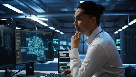Teamworking colleagues inspect data center used for machine learning Stock Photos