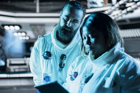 Teamworking cosmonauts exploring planetary surfaces, preparing for mission Stock Photos