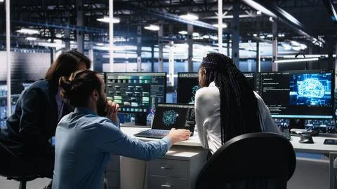 Teamworking data center technicians using machine learning algorithms Stock Photos